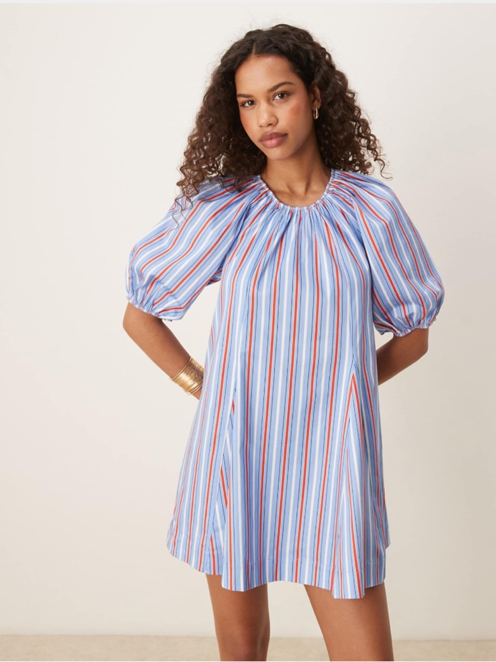 ASOS DESIGN Puff Sleeve Cotton Poplin Mini Dress in Blue Red and White Stripes
